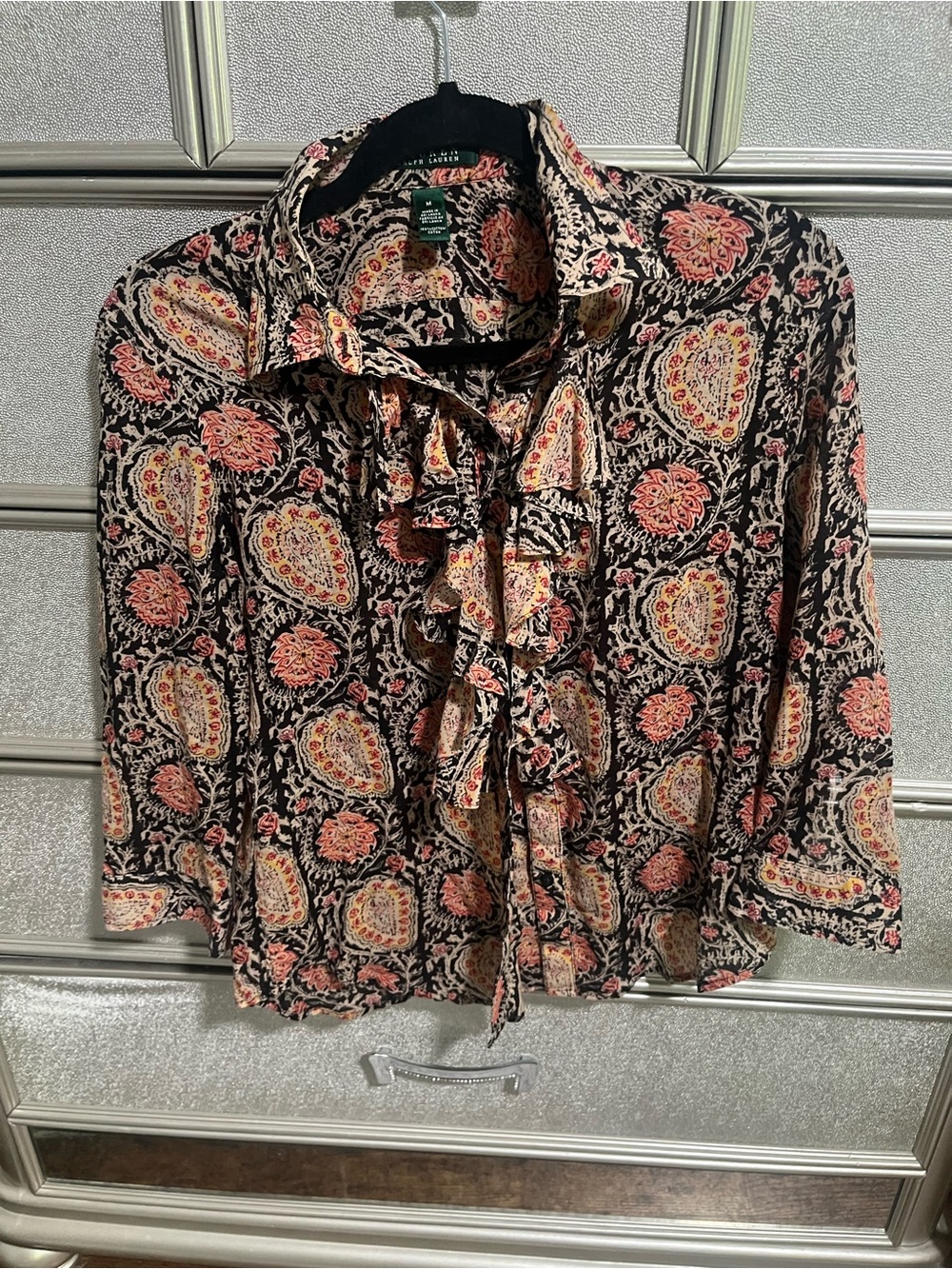 Ralph Lauren Black Paisley Ruffle Tie-Neck Blouse with Pink & Cream Accents